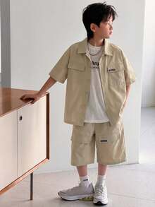SHEIN Little Byeori 2件套儿童/青少年男童休闲韩版工装领短袖衬衫和纯色短裤套装，适合上学、花园、海滩、生日、春夏等场合。 - 駝色 - 查看 4