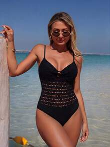 Swim Chiccia Women's Hollow Out Scoop Neck Fashion Camisole & Bikini Set, Spring/Summer - Black - View 1