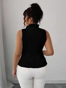Elenzga Plus Size Women Sleeveless Waist Cinching Lotus Ruffle Blouse - Black - View 2