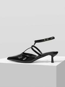 Mnmlis Women Shoes Spring And Autumn T Buckle Pointed Heel, Simple Patent Leather Black Shoes Commuter Party - Black - View 1