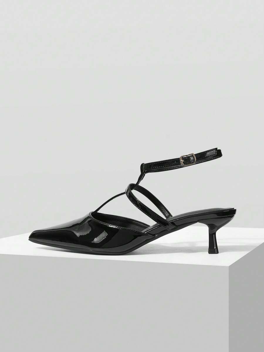 Mnmlis Women Shoes Spring And Autumn T Buckle Pointed Heel, Simple Patent Leather Black Shoes Commuter Party - Black - View 1
