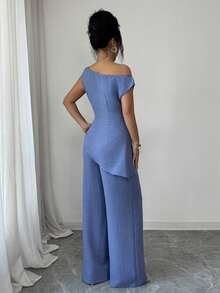 SHEIN Elenzya New Summer Draped Neck Faux Linen Bamboo Knot Denim Blue 2 Pieces Set, Suitable For Travel And Photography, Elegant Deep Sea Blue Asymmetric Shoulder Top + High Waist Casual Pants - Blue - View 2