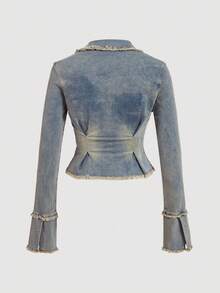SHEIN CURVE+ Plus Size Women Zipper Frayed Hem Fashionable Versatile Daily Wear Long Sleeve Denim Jacket - Blue - View 2