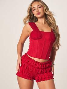 MISSGUIDED Top corset con volantes de malla, con detalle de cordones en la espalda, escote cuadrado, Body estructurado y longitud corta, perfecto para ocasiones especiales nocturnas - Rojo - View 1