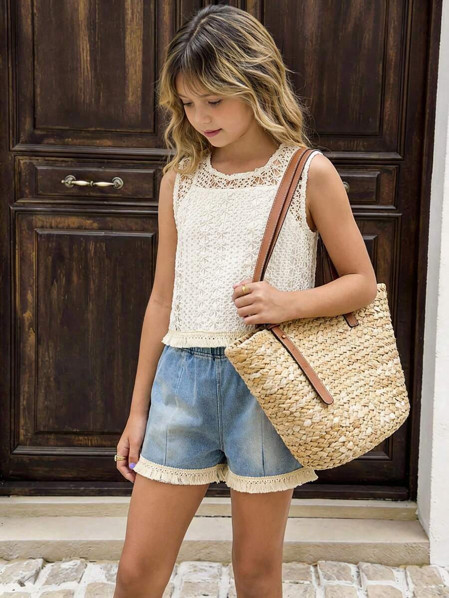 女童休闲度假针织修身吊带背心，夏季细肩带上衣，柔软修身，时尚设计，适合度假、旅行、校园和日常穿着 - 白色 - 查看 1