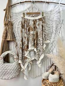 SHEIN Holidaya Women's Asymmetrical Hem Tassel Allover Print Casual Versatile Date Night Skirt - Brown - View 2