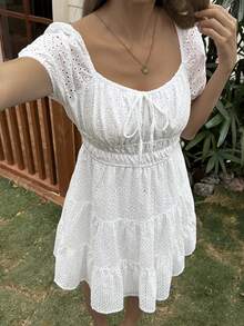 Livesso Summer All-Cotton Elegant Party Holiday Easter White Petal Sleeve Tie Waist Splice Vacation Mini Dress For Women - White - View 5