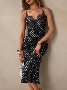 NOVVYNE Sexy & Elegant V-Neck Lace Trim Camisole Dress, Waist Cinching, Versatile Bodycon Dress - Black - View 6