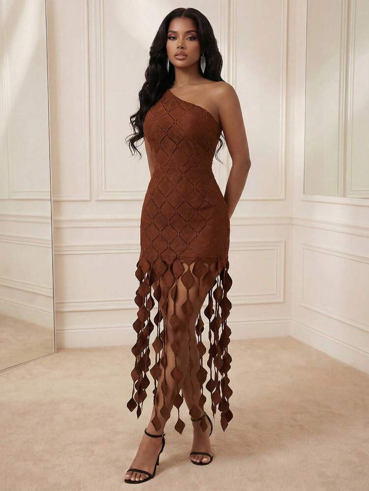 Women's New Design Rhombus Patchwork Hollow Out Tassel Elegant Asymmetric Shoulder Dress