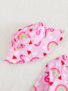SHEIN 女婴彩虹图案针织柔软圆领长袖泳衣和帽子两件套 - 粉色 - 查看 3