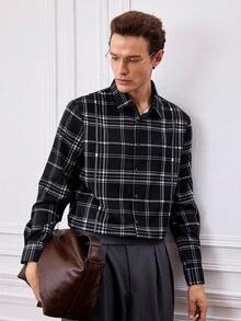 Officeau Men's Casual Plaid Front Button Elegant Business Shirt - Essential Gift For Men - Black - View 9