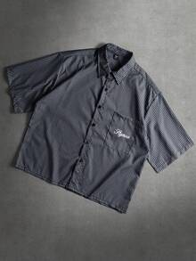 STYNVO 男士字母格纹印花短袖单排扣休闲口袋衬衫 - 藏蓝色 - 查看 1