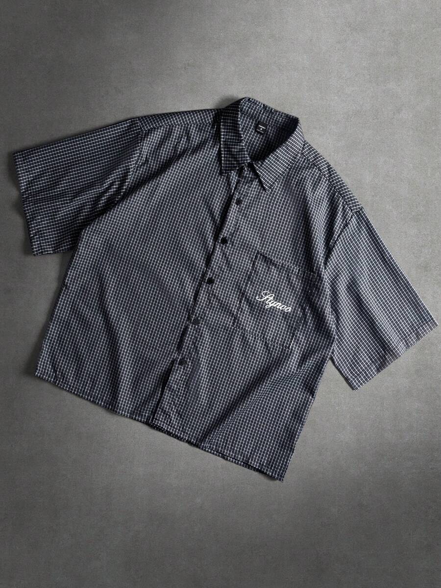 STYNVO 男士字母格纹印花短袖单排扣休闲口袋衬衫 - 藏蓝色 - 查看 1