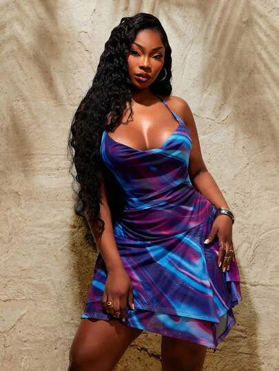 Radiana Plus Size Women's Spring/Summer Fashion Casual Sexy Tie-Dye Print Draped Neck Double Ruffle Hem Dress, Suitable For Everyday Wear, Music Festival, Coachella, BOHO, Bohemian, Outing, Resort, Beach Vacation, Holiday, Seaside, Western Wear, Concert, Carnival Party, Richly Layered, Date Night, Ibiza, Nashville, Break, Modest, Chic, Club, Cute, Casual, Shopping, Streetwear, Going Out, , Easy To Match & Looks Slim, Accent Your Body, Flatter The Figure