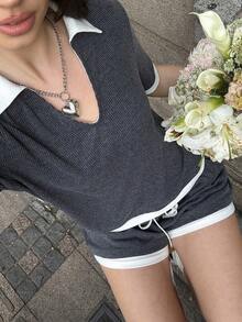 MainGRL Set 2 piese casual pentru femei, cu guler polo alb, gri, scurt, tricou și pantaloni scurți, primăvară/vară - Gri - Vizualizare 4