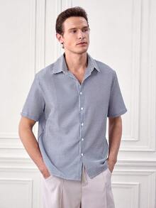 Men's Vintage Coin Texture Striped Short Sleeve Shirt, Casual Versatile Style Suitable For All Seasons - Navy Blue - View 3