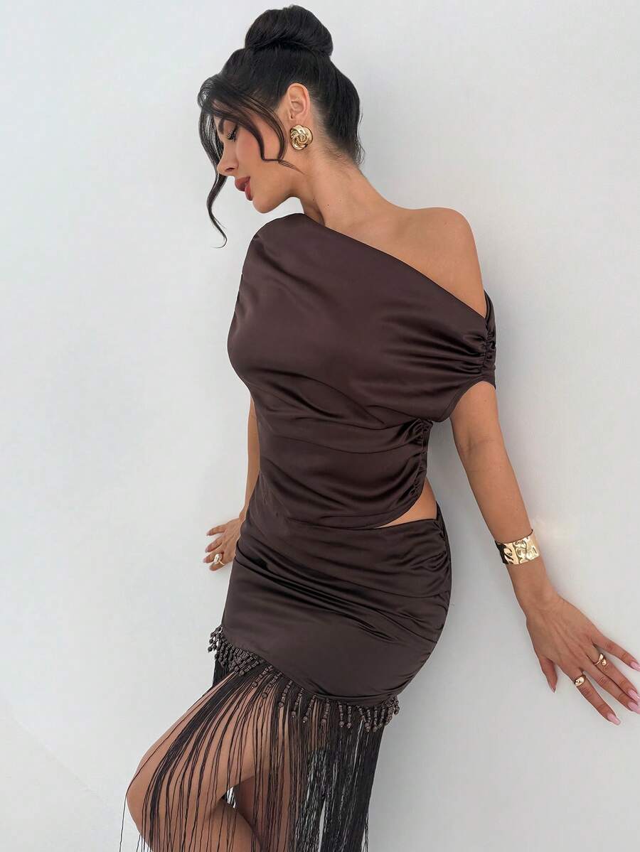 Firerie Women's Elegant Minimalist Dignified Fashion Refined Modern Commute Casual New Style Fashionable Vacation Ruffle Shoulder Short T-Shirt Top - Brown - View 1