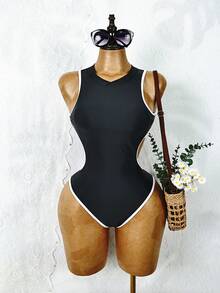Swim SPRTY High-End Black & White Contrast Color One-Piece Swimsuit, Slimming & Flattering, Halter Backless Design, Suitable For Vacation, Hot Spring Swimming - Black - View 8