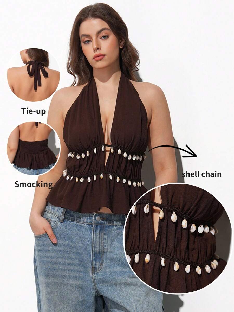 Maija Plus Size Brown Halter Top,Summer Boho Beach Holiday Women's Shell Chain Retro Solid Color Casual Elegant Fashionable Curve Party Essential Top - Brown - View 1