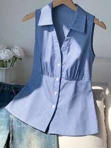 GlowEve 女士新款条纹翻领无袖休闲衬衫，适合日常通勤，春夏穿着 - 藍白色 - 查看 4