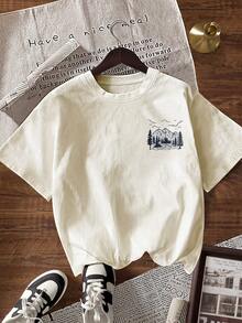 EMERY ROSE Women's Letter & Graphic Print Casual Round Neck Short Sleeve T-Shirt, Summer - Apricot - View 2