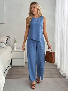 Louniche 2pcs Linen Women Asymmetric Hem Sleeveless Top And Pants Set - Blue - View 3