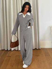 Siren Gaze 女士两件套宽松条纹V领落肩长袖T恤和松紧腰条纹裤，冬季毛衣套装，秋冬季 - 黑與白 - 查看 6