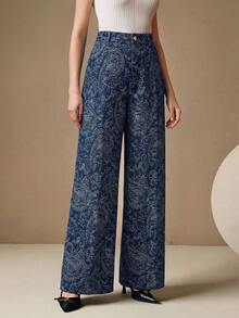 Anewsta Modern Design Digital Print Casual Blue Jeans, High Waist Loose Slimming Straight Leg Pants For Women, Spring/Autumn New Arrival - Blue - View 4