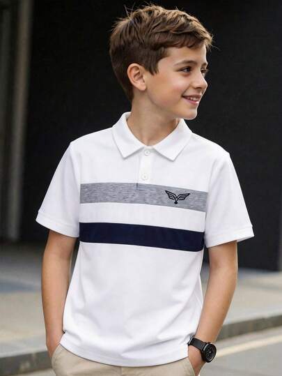 SHEIN 男童休闲撞色拼接Polo领短袖衬衫，适合通勤、上学、日常休闲穿着、运动、春夏穿着