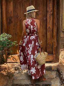 DAZY Vestido Longo Floral Vermelho Vinho Vintage Francês Sem Costas e Sem Mangas, Vestido Longo para Mulheres para Férias, Vestido de Cruzeiro, Vestido de Verão Boho para Mulheres - Vinho - Visão 4