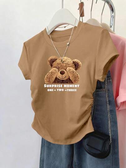 INAWLY Camiseta de mujer con cintura ceñida, diseño de estampado de oso, elegante, estilo estudiantil, uso casual, adecuada para exteriores, compras, oficina