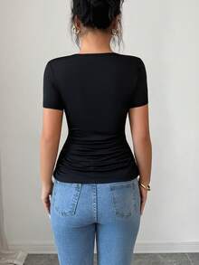 Elenzga Women's Elegant Black Square Neck Pearl Design Ruched Short Sleeve Fitted T-Shirt, Spring/Summer - Black - View 2