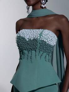 Elitara 优雅绿色高弹亮面针织无肩带领口奢华手工串珠水钻高腰修身鱼尾长裙，配可拆卸披肩，适合约会、度假、单身派对、婚礼、返校舞会、女士晚礼服 - 綠色 - 查看 2