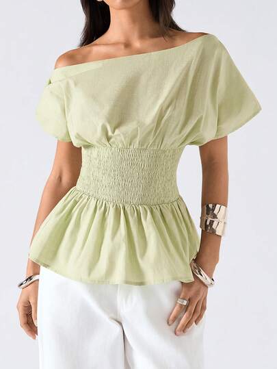 LYSMO 女士夏季休闲纯色不对称领收腰衬衫