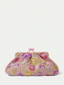 SHECARRY 女士手拿包，花朵亮片刺绣，时尚，优雅，简约，个性化，百搭，经典，适合海滩、度假、假日、夏季、海边、沙滩派对（图案随机） - 多色玫紅 - 查看 2