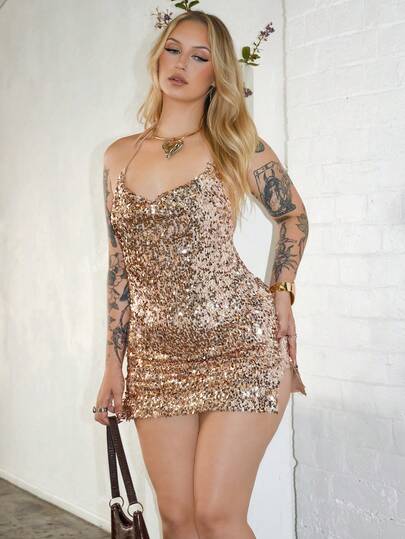 Arliah 女式性感露背亮片连衣裙，侧开衩下摆，适合派对、夜总会、圣诞节