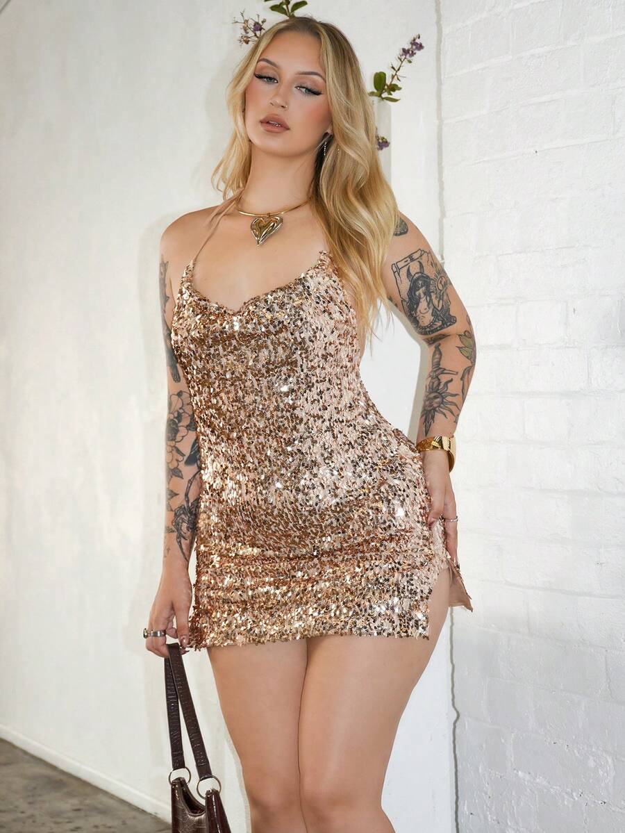 Arliah 女式性感露背亮片连衣裙，侧开衩下摆，适合派对、夜总会、圣诞节 - 金色 - 查看 1