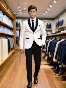 Young Men's Elegant White And Black Contrast Tuxedo Style Suit Long Sleeve Regular Fit For Special Occasions Teen White Formal Suit Teen Formal Suit Boys Tuxedo Suit White Tuxedo Teen Boy Boys Wedding Suit - Black and White - View 1