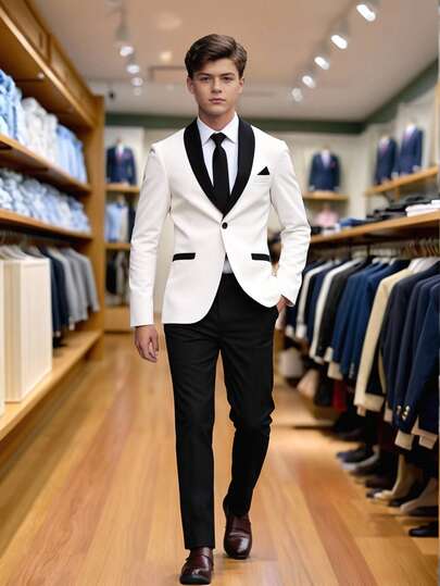 Young Men's Elegant White And Black Contrast Tuxedo Style Suit Long Sleeve Regular Fit For Special Occasions Teen White Formal Suit Teen Formal Suit Boys Tuxedo Suit White Tuxedo Teen Boy Boys Wedding Suit