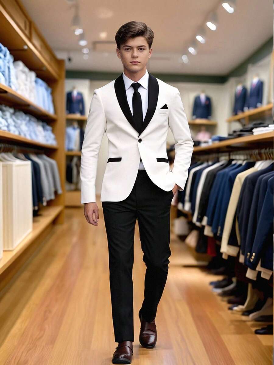Young Men's Elegant White And Black Contrast Tuxedo Style Suit Long Sleeve Regular Fit For Special Occasions Teen White Formal Suit Teen Formal Suit Boys Tuxedo Suit White Tuxedo Teen Boy Boys Wedding Suit - Black and White - View 1