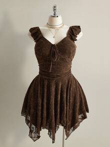 SHEIN ICON 大码不对称下摆蕾丝连衣裙，小喇叭袖，Y2K性感不对称下摆连衣裙，音乐节服装 - 棕色 - 查看 9