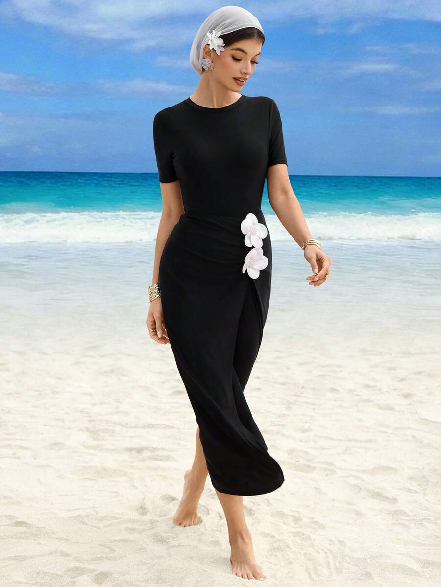 Swim Shayni Middle Eastern Style Modest Swimsuit Set - Full Coverage Black Swimwear With Elegant White Floral Decor - Black - View 1