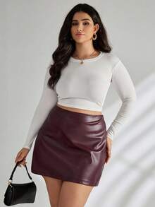 SHEIN Tall CURVE Váy ngắn cạp trễ vừa vặn cỡ lớn, váy da, váy mùa thu - Màu Đỏ Sâu - Xem 4