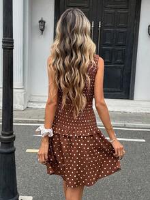 Pariaura 女士波点图案褶皱荷叶边下摆无袖连衣裙 - 棕色 - 查看 2