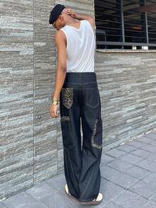 Ngobest Haus Ngobest Haus 1件男士复古美式拼接豹纹牛仔裤，休闲宽松阔腿裤 - 黑色 - 查看 2