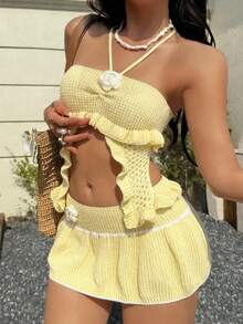 SHEIN Unity Women's Fashion Sexy Cute Versatile Multi-Color Halter Neck 3D Floral Hollow Knit Top & Puff Mini Skirt 2-Piece Set, Spring/Summer - Yellow - View 4