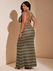 SHEIN BAE 大码女式条纹度假露脐背心和鱼尾裙套装，春夏款 - 綠色 - 查看 7