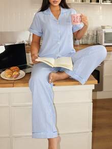 Blue Striped Short Sleeve & Pants Women Pajama Set - Multicolor - View 1