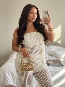 SHEIN BAE Plus Size Women's Apricot Sheer Bandeau Top And Straight Leg Pants Set Summer Pant Set Mesh Pant Set, Summer Outfits - Apricot - View 2
