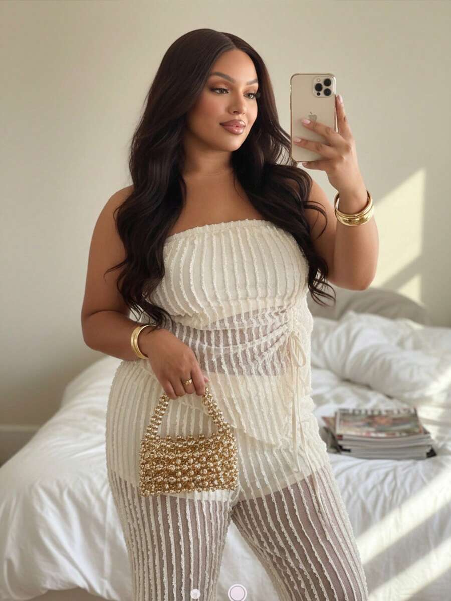 SHEIN BAE Plus Size Women's Apricot Sheer Bandeau Top And Straight Leg Pants Set Summer Pant Set Mesh Pant Set, Summer Outfits